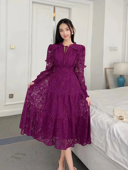 Elegant Jacquard Lace Dress for Women with Sweet Edible Tree Fungus Patchwork